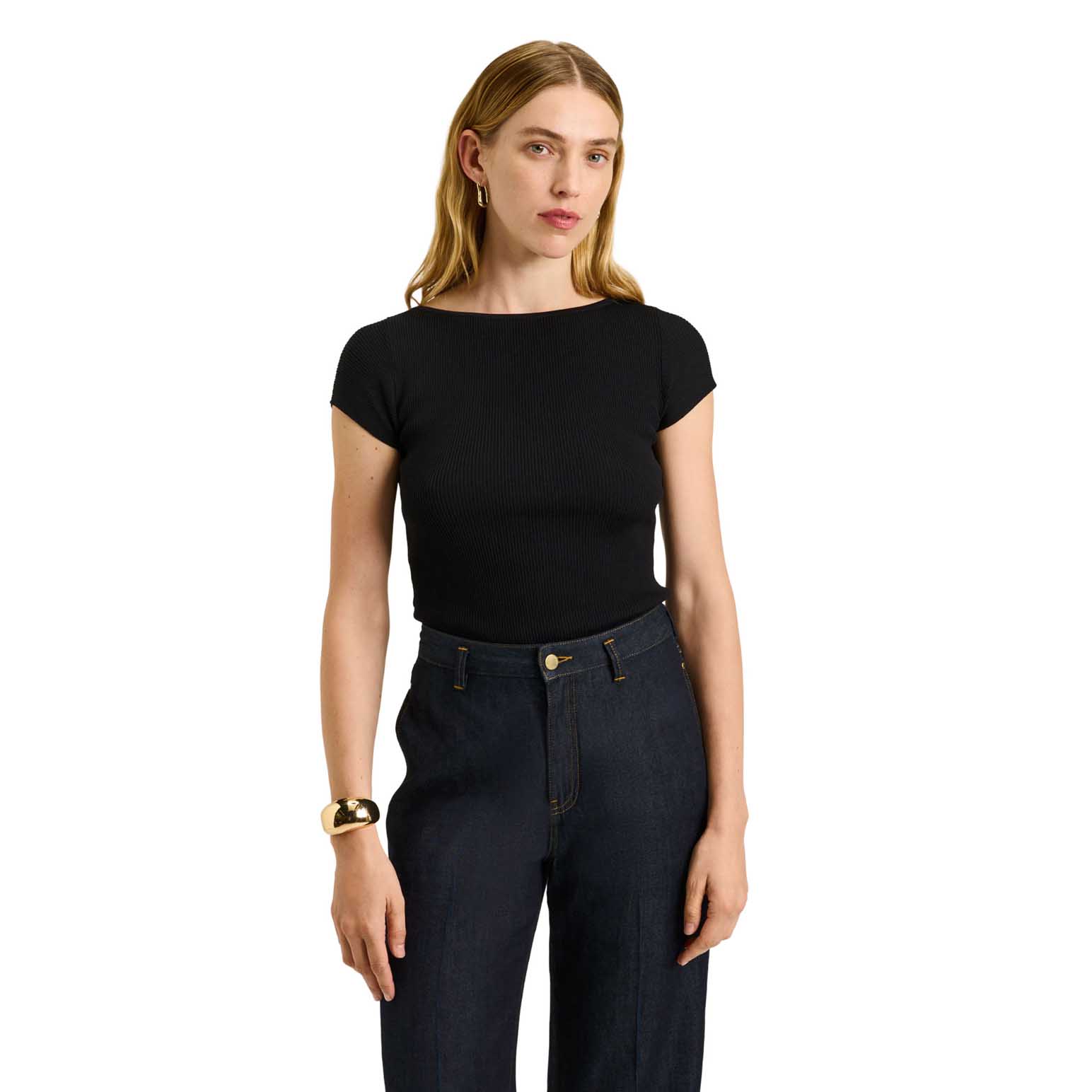 Veronika Maine Ribbed Cap Sleeve Boat Neck Knit